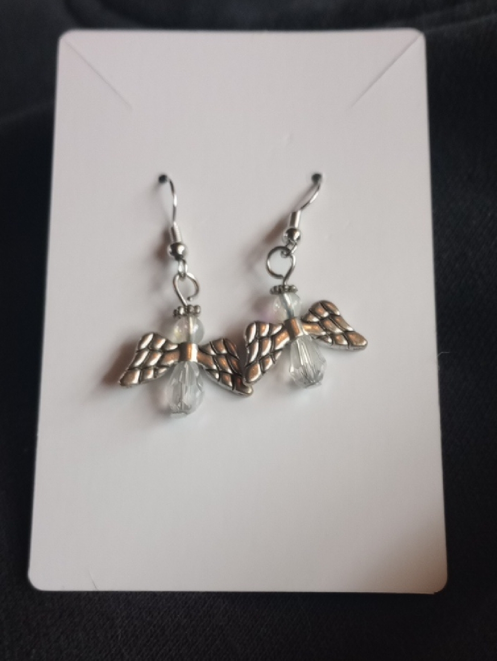 Hand Crafted Silver Angel Wing Earrings with Clear Beads